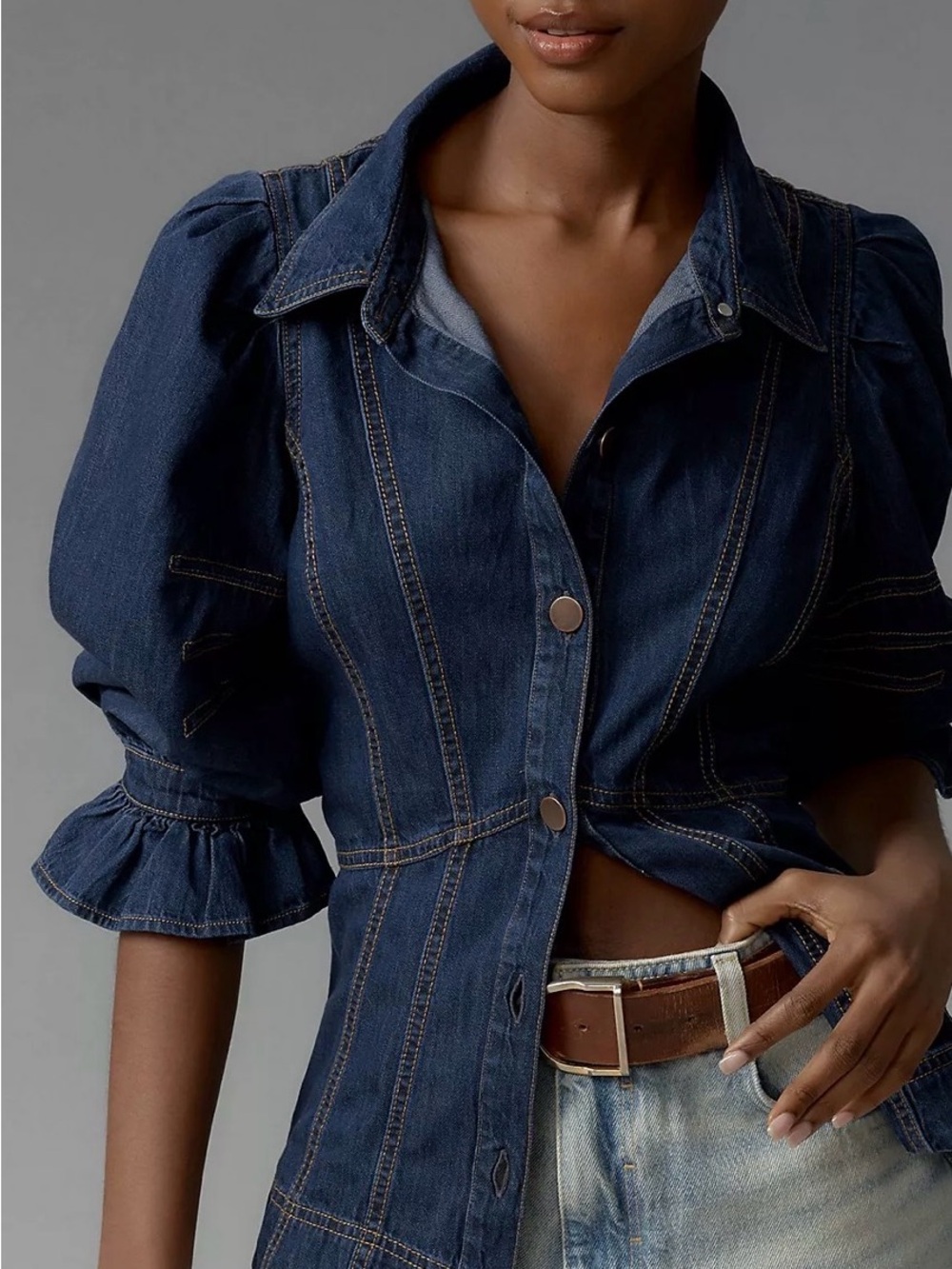 Anthropologie Dark Denim Puff-Sleeve Peplum Jacket